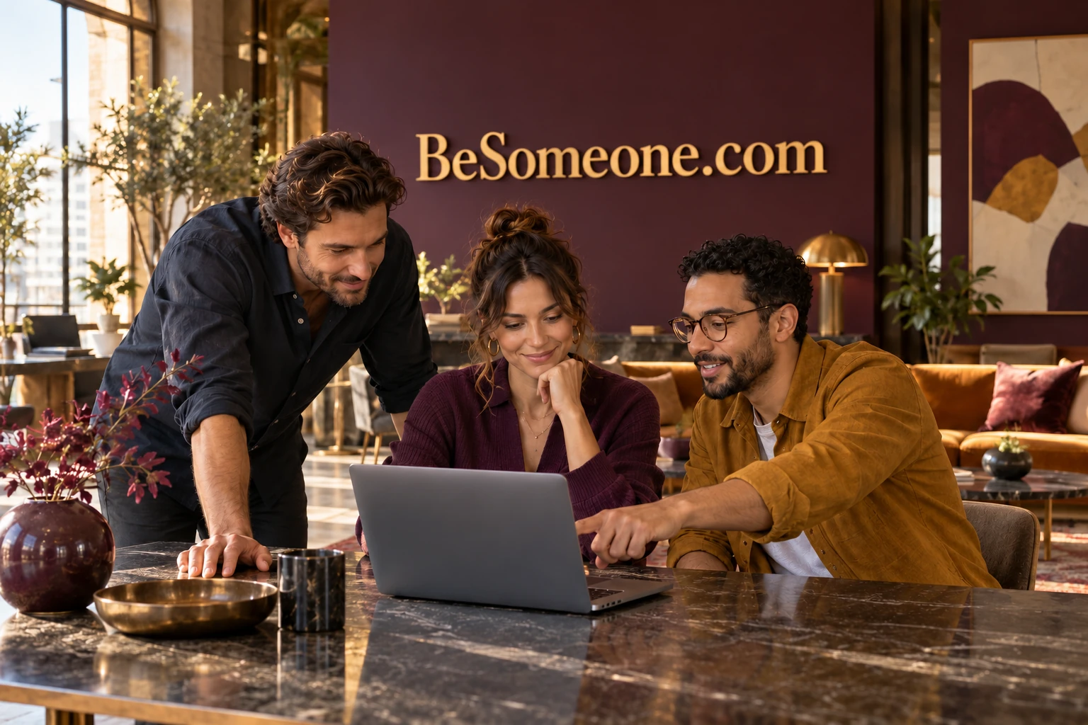 Adult founders reviewing creative work together